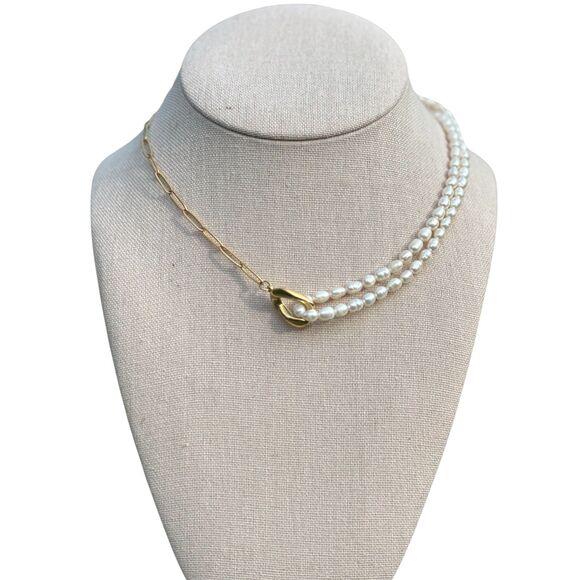 18K Gold Waterproof Link Freshwater Pearl Link Necklace - Picture 2 of 5